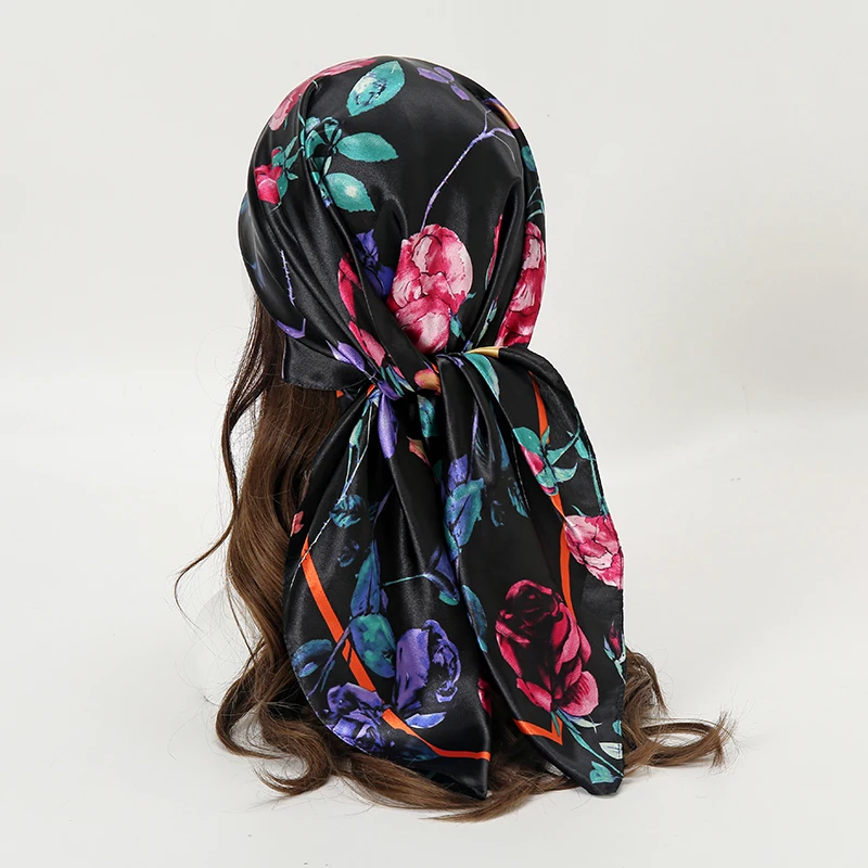 Spring New Flowers Print Satin Square Scarf for Women Muslim Hijab Silk Neckerchief Shawl Wraps Headband Foulard Bandana Turban view 3