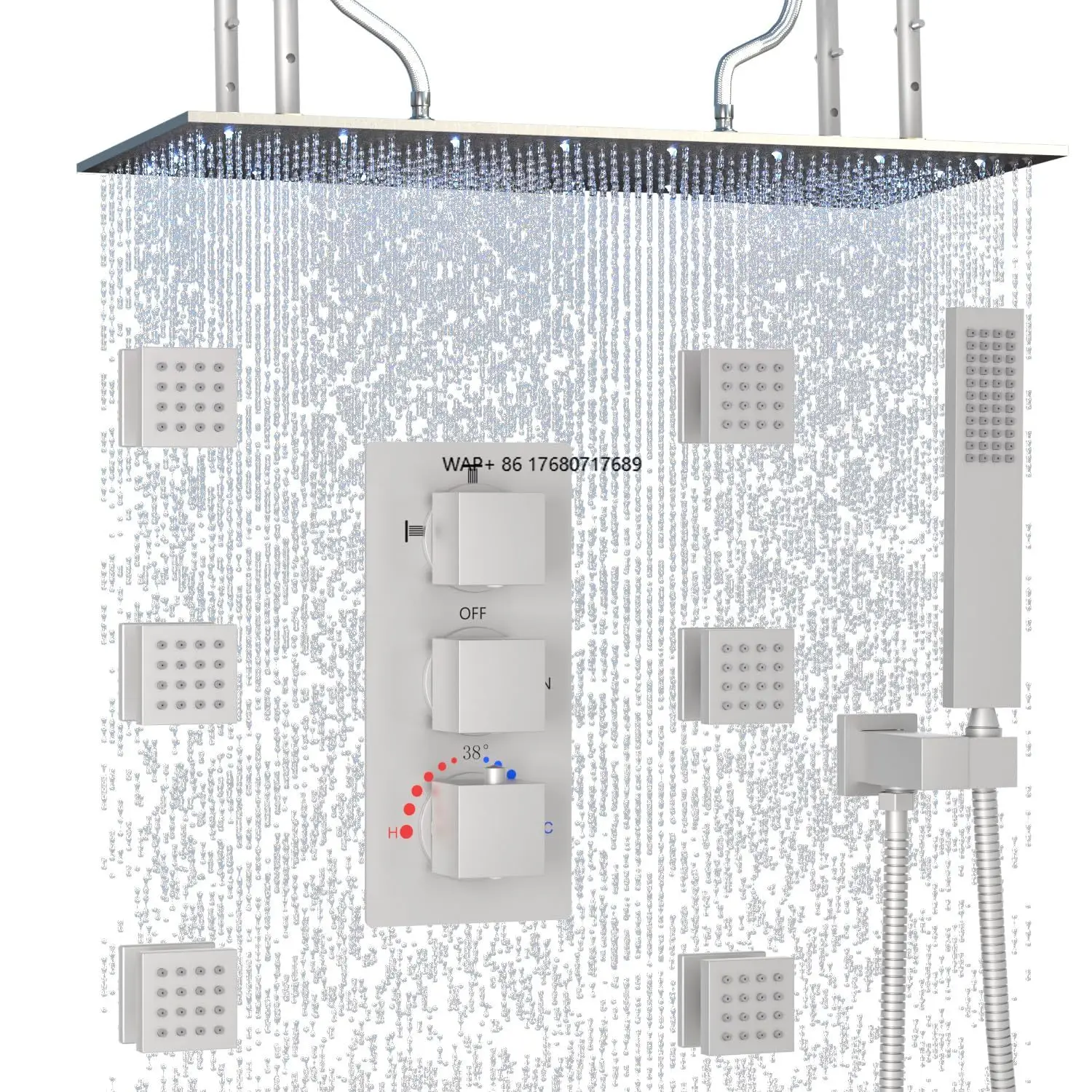 

Large LED Brushed Brass Rainfall Shower System Thermostatic Faucets Ceramic Valve Core Soft/Jet Spray Multi Shower Heads