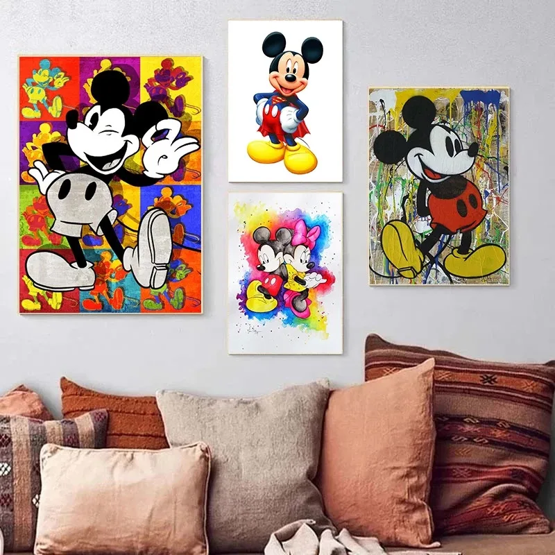 Disney Cartoon Canvas Painting Graffiti Street Mickey Mouse Poster Canvas Print Home Bedroom Art Frameless Decoration Kids Gift