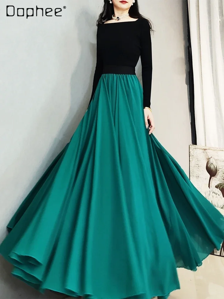 Oversized Swing Dance Green Long Skirt for Women Autumn and Winter New Elegant Chiffon Pendant Slim Ruched Maxi Skirts Ladies