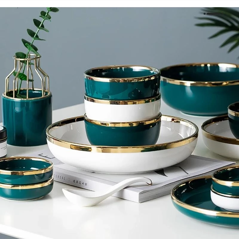 Nordic Ceramic Green Bowls and Plates Set Household Bowsl Dishes Light Luxury Combination with Golden Dinner