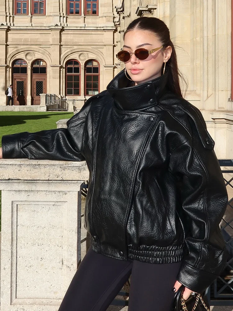 

HH Women Autumn High Street Loose Coats Woman Elegant Asymmetric Button Pocket Long Sleeves Black Zipper Slim Jackets