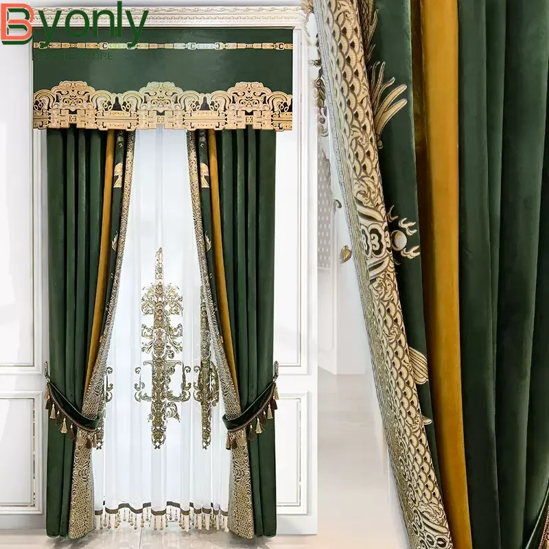 

High Grade Customized Green Jacquard Velvet Splicing Curtains for Living Room Bedroom French Window Balcony Window Valance