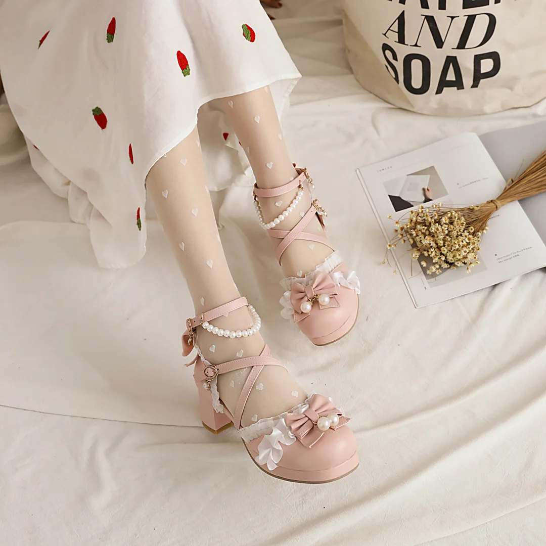 Harajuku Japanese Fashion Lolita Princess Shoes Large Size Bow Students Pearl Toe Girls Birthday Gift Spring Autumn Many Colors