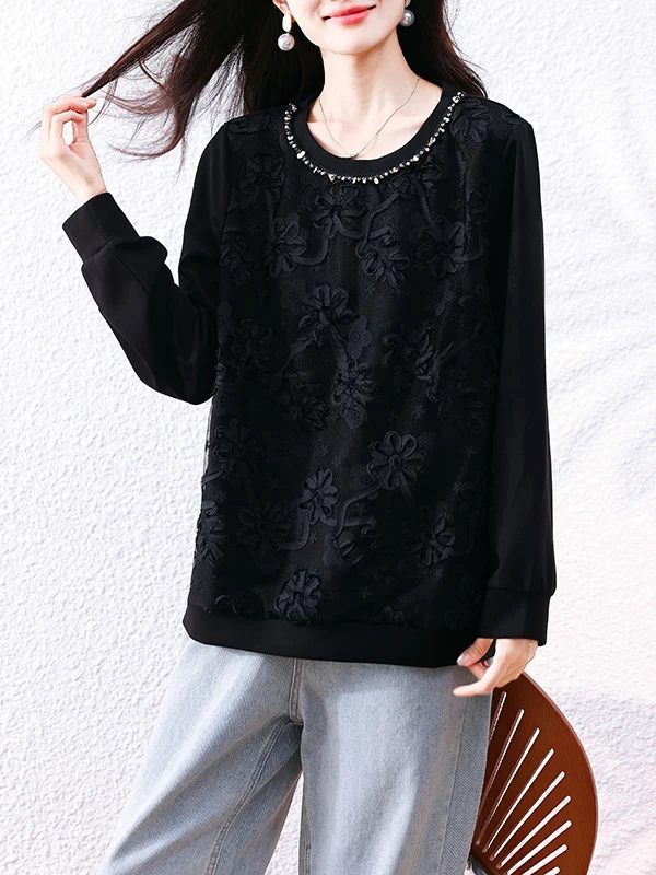 

Authentic Faionable Bla Lace round Ne Loose Sweatirt Top Heavy Embelliment Casual Sle Women's irt for Autumn