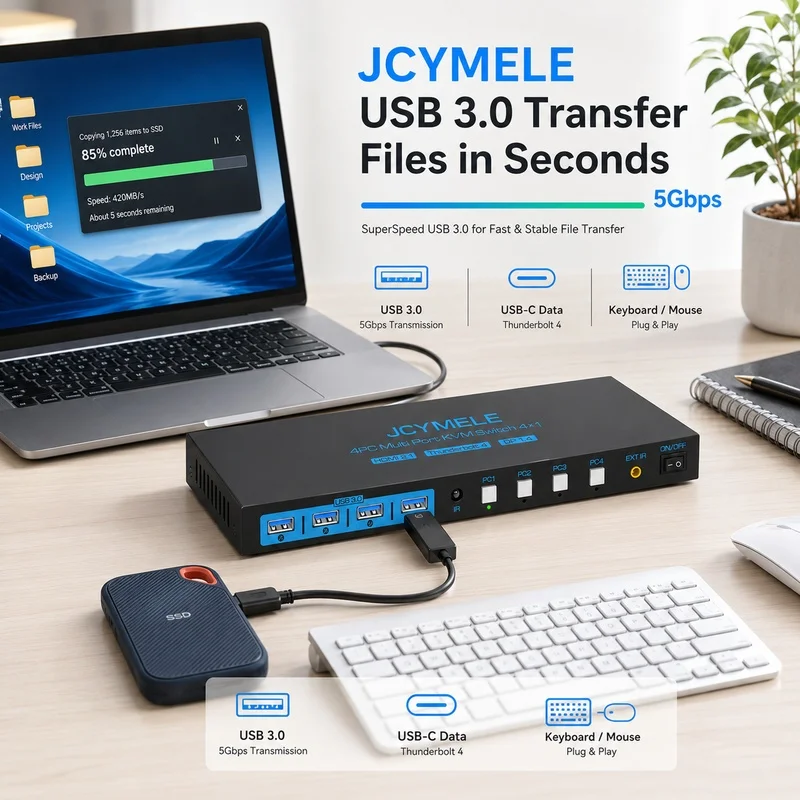 4-PC to 1-Monitor KVM Switch with HDMI DisplayPort Thunderbolt 4 4K144Hz Sharing Hub for Keyboard Mouse USB Drive JCYMELE