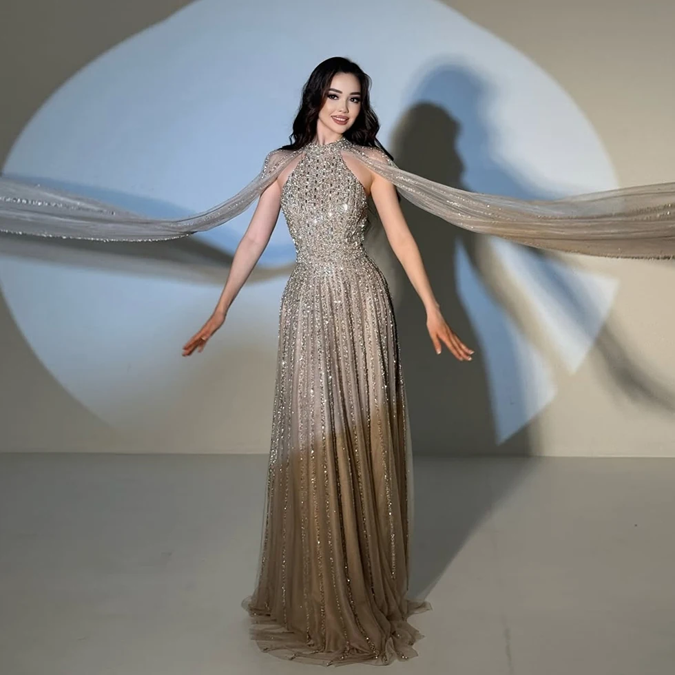 Elegant Arabic A Line Cape Sleeves Evening Dress 2024 for Women Beaded Luxury Dubai Formal Prom Wedding Party Gown Customized image 2