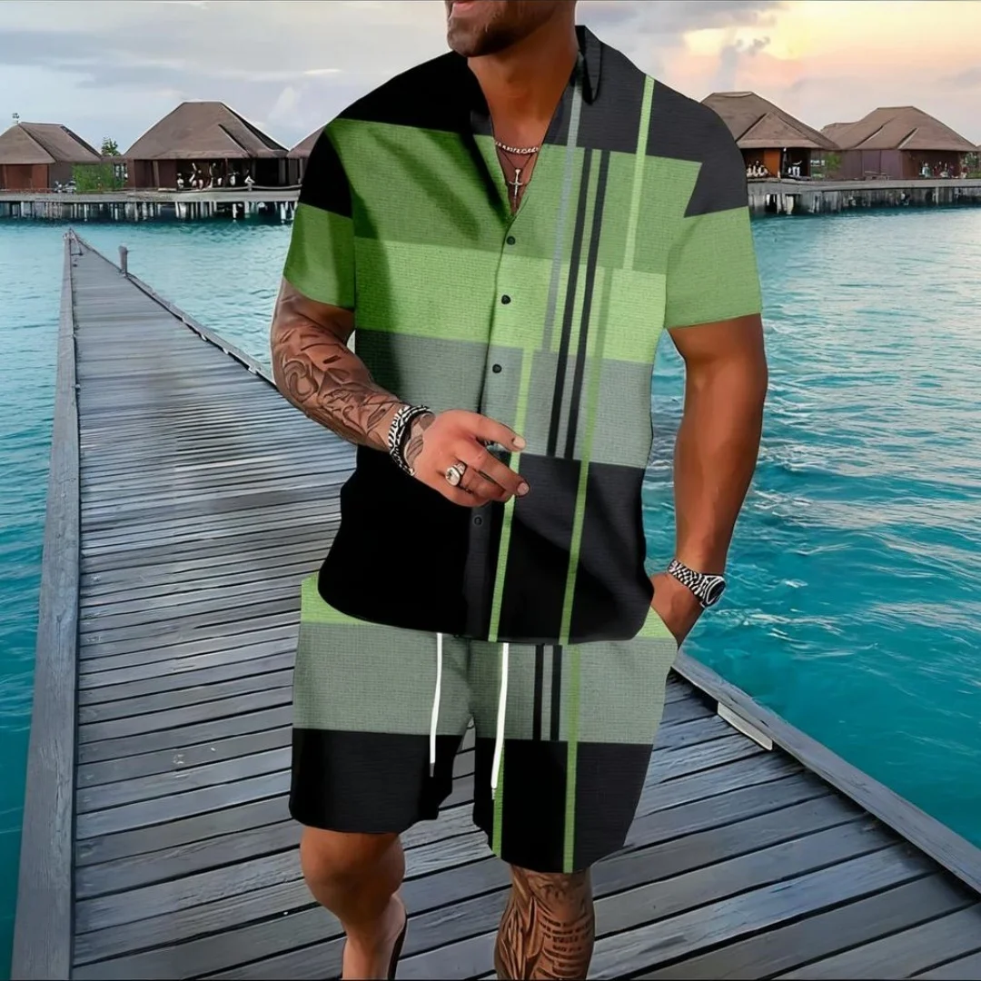 

Retro Men's Suit Striped Summer Outdoor Short-sleeved Shirt Fashion Casual Shorts Simple Hawaii 2-piece Men's OverSize Clothing