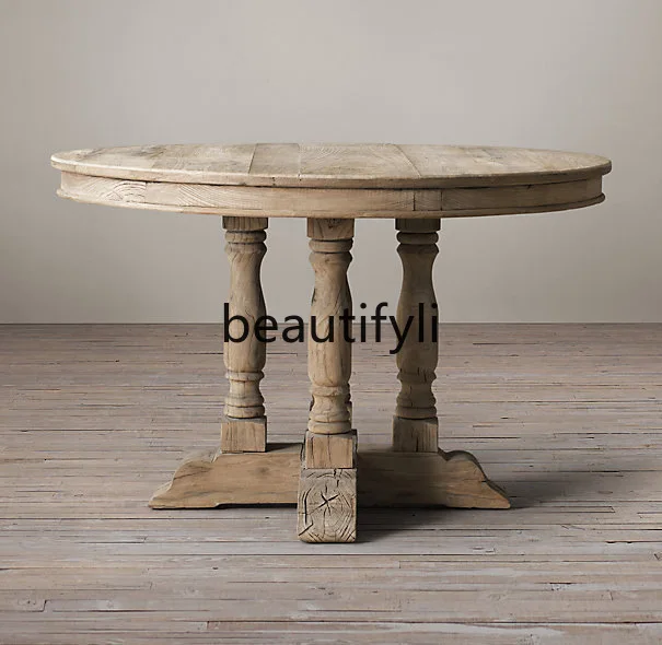 

American Country Retro Solid Wood Round Dining Table American Minimalist Villa Table English Classical Carved