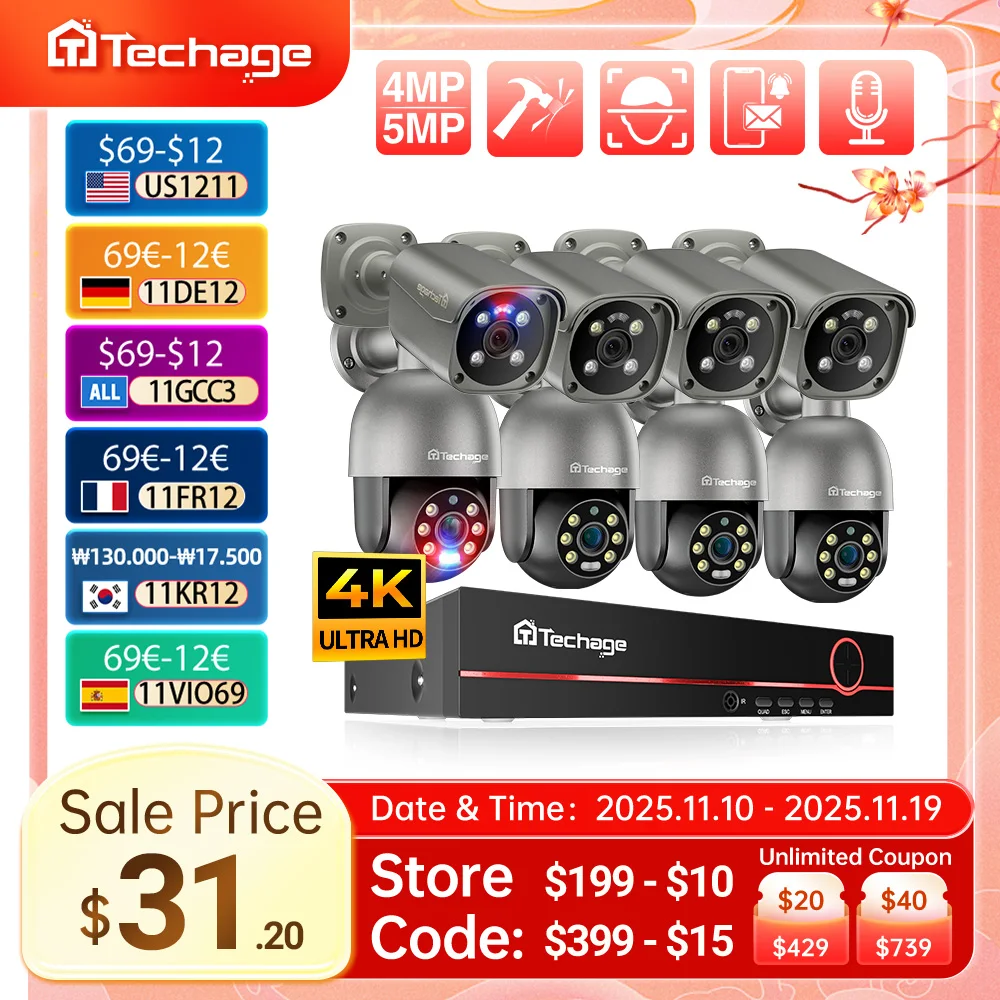 

Techage 8CH 8MP 5MP Система камер безопасности Ночное видение Обнаружение человека POE PTZ Камера Наружная система видеонаблюдения P2P