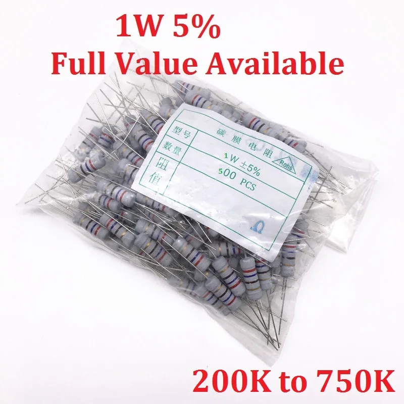 500PCS 1W Resistor 200K 220K 240K 270K 300K 330K 360K 390K 430K 470K 510K 560K 620K 680K 750K Ohm 5% Metal film