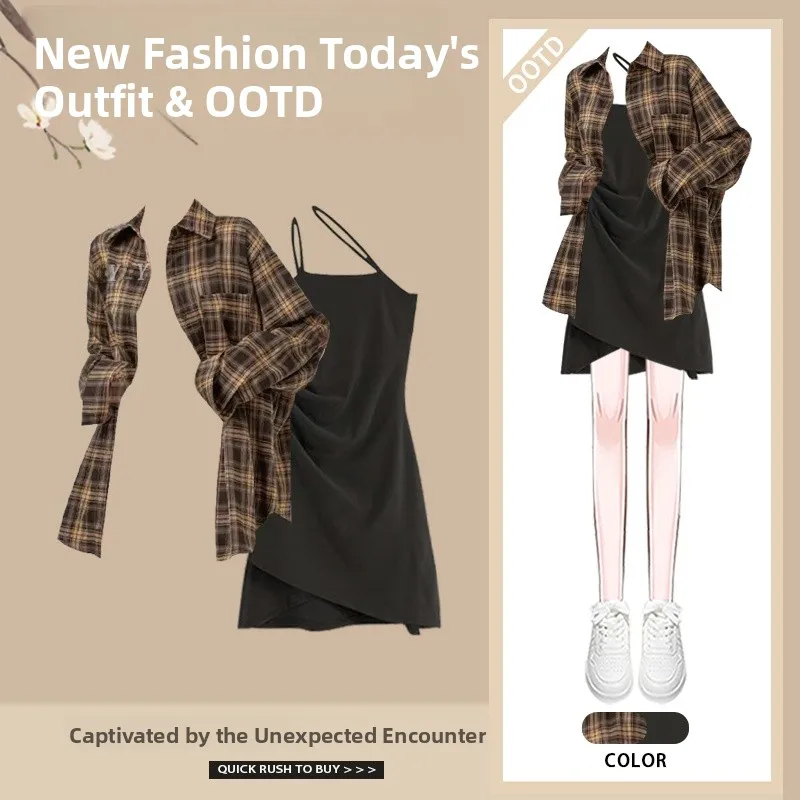

Spring Fashion Checkered Shirt And Wrap Dress Two-Piece Set Women's Polyester Fiber Button Closure Clothing Student Work Uniform