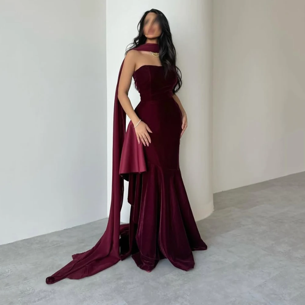 

Customized Strapless Mermaid Burgendy Velour Formal Evening Dress With Cape Backless Sleeveless Party Prom Gown For Women