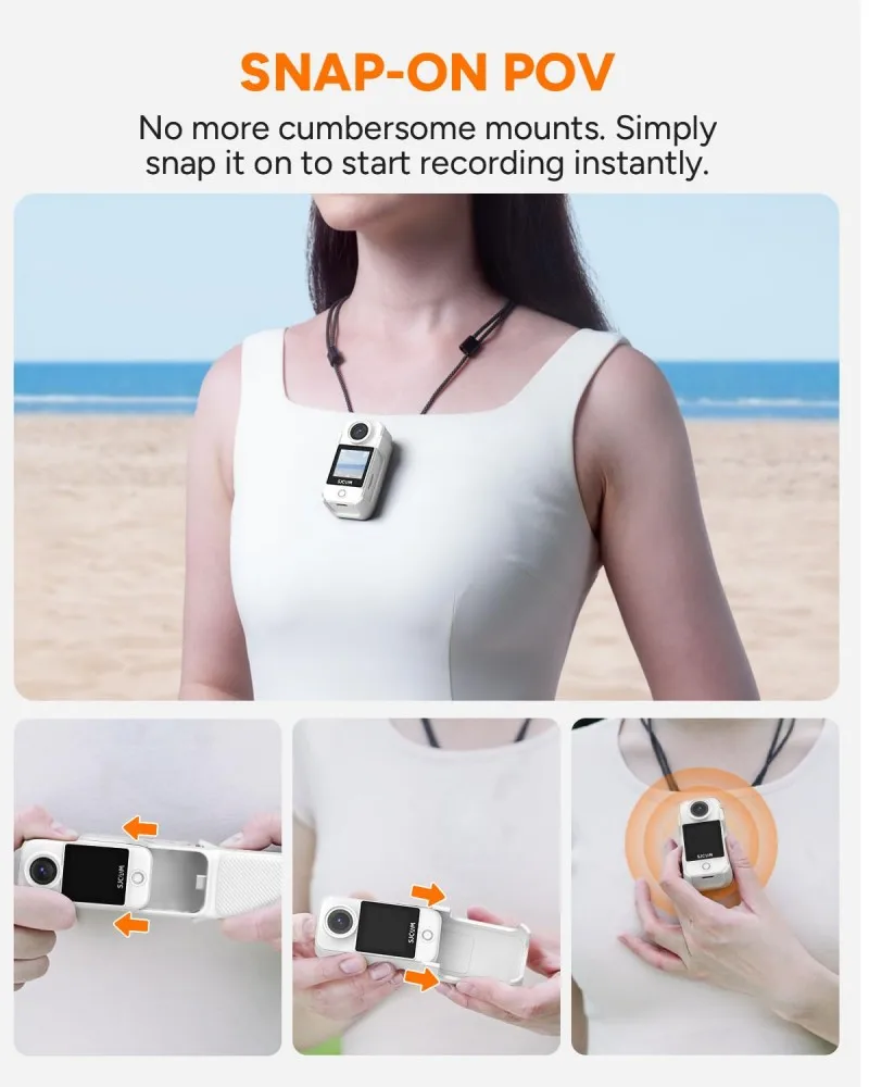 SJCAM White C400 Pocket Necklace Combo,Handheld Motion Camera, 7H Power use,6-Axis Stabilizer Sports Action Cam