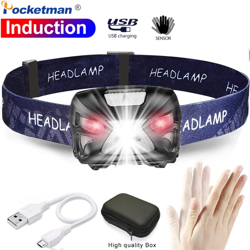 

Powerful LED Sensor Headlamp USB Rechargeable Induction Headlight Camping Fishing Head Flashlight Built-in Battery Front Lantern