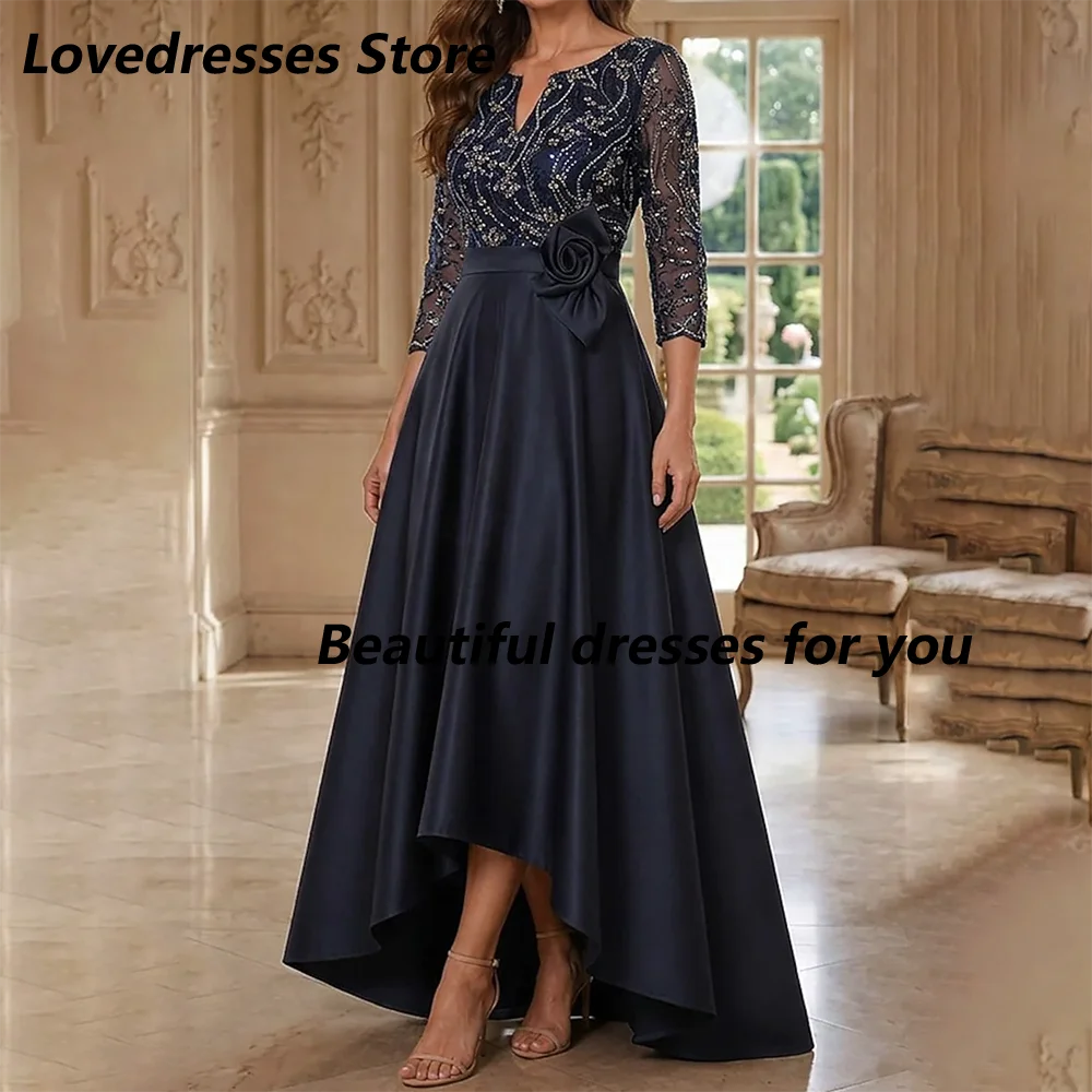 Elegant Mother of The Bride Dresses Navy Blue V Neck Lace Beaded 3/4 Sleeve Satin High Low Formal Evening Party Gown Customized