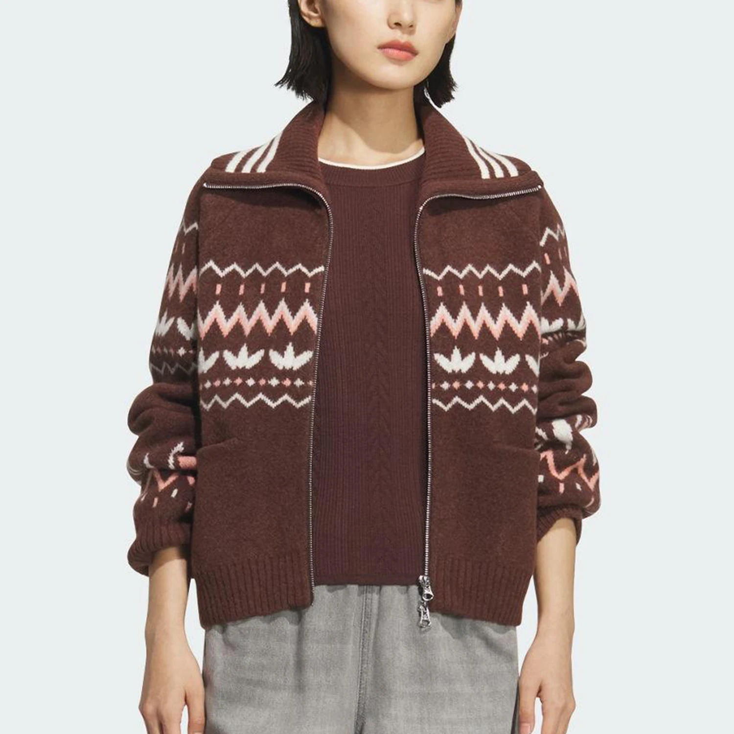 Adidas genuine clover women's knitted loose double zipper jacket KS5985