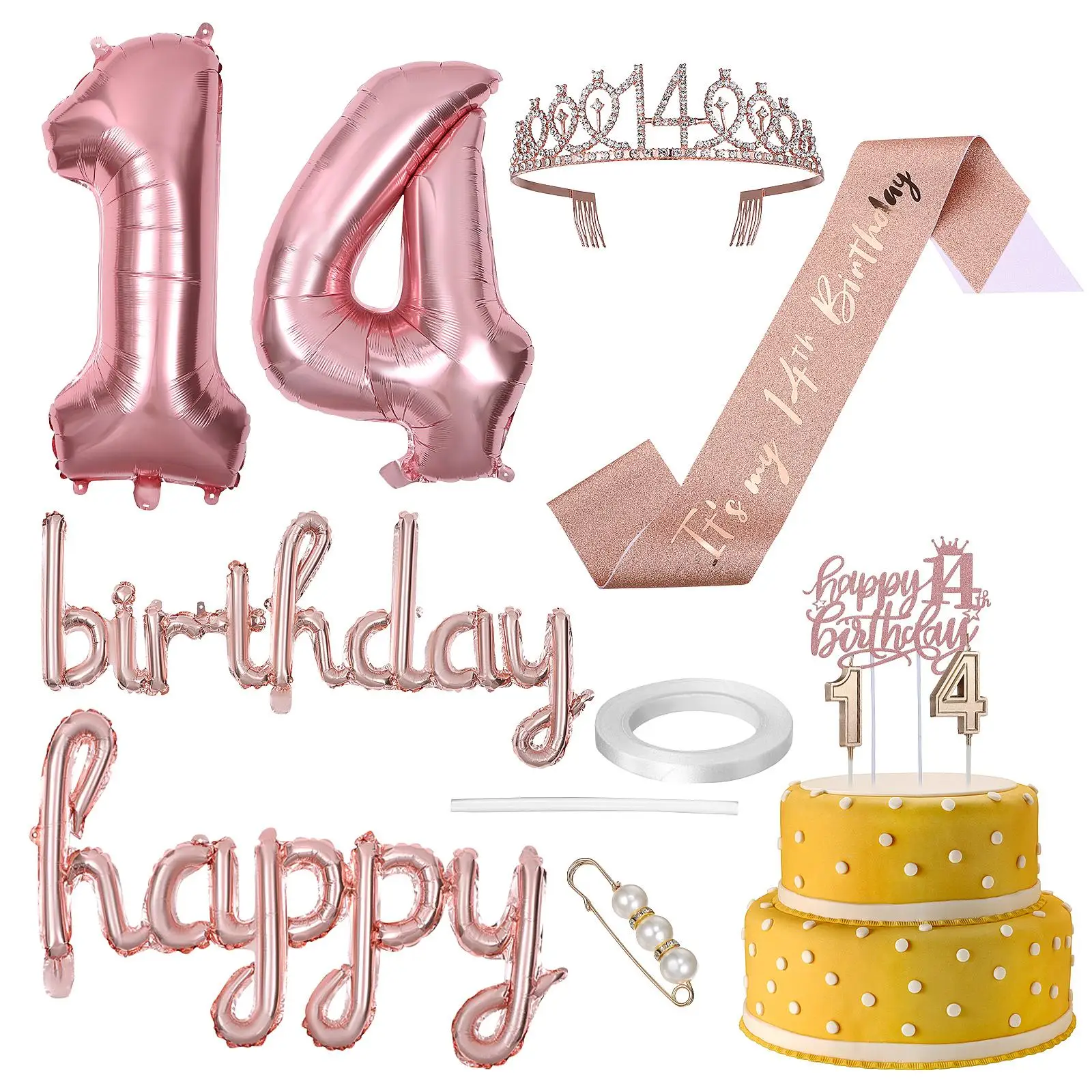 

14th Set Balloons Girls Party Supplies Crown Balloons Girl Birthday Decorations Sash Pearl Pin Happy Birthday Decorations