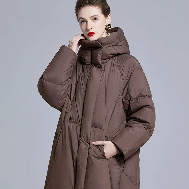 

New Luxury Brand High-Quality Long Down Jacket Winter Warmth Women's Puffer Jacket Belted Design Cold-Resistant Coat Hooded