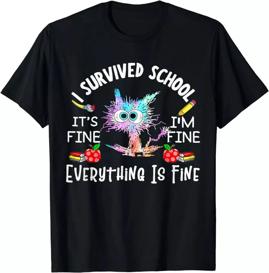 Funny Cat I Survived School Graduation Class Of 2024 Gift Unisex T-Shirt S-5XL High Quality 100%Cotton Short Sleeve