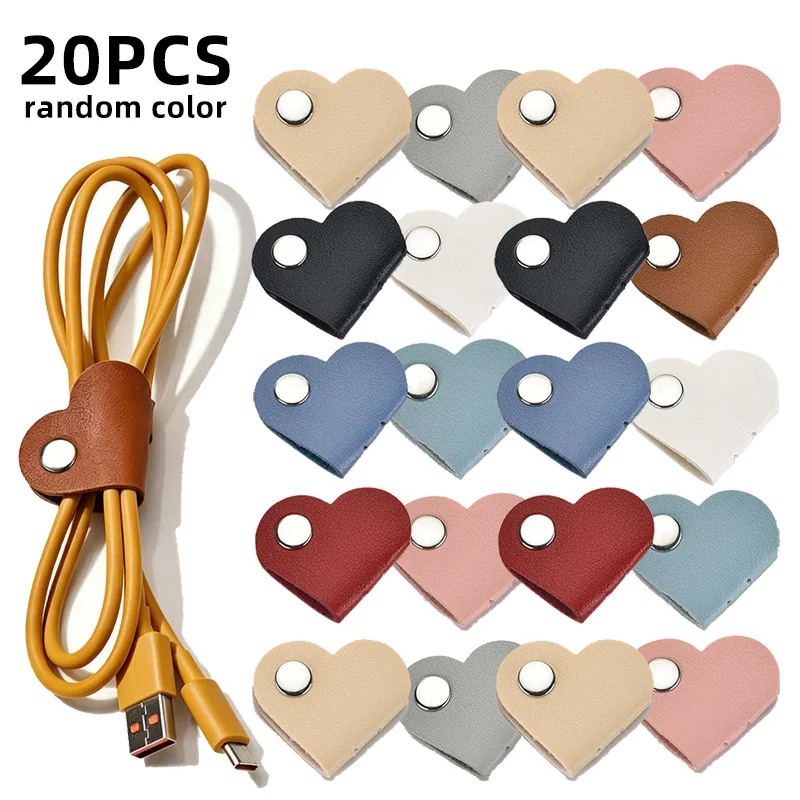 20pcs Random Color Heart-Shaped Faux Leather Cable Strap, Multi-Color Headphone and Headphone Cable Storage Box Cable Organizer