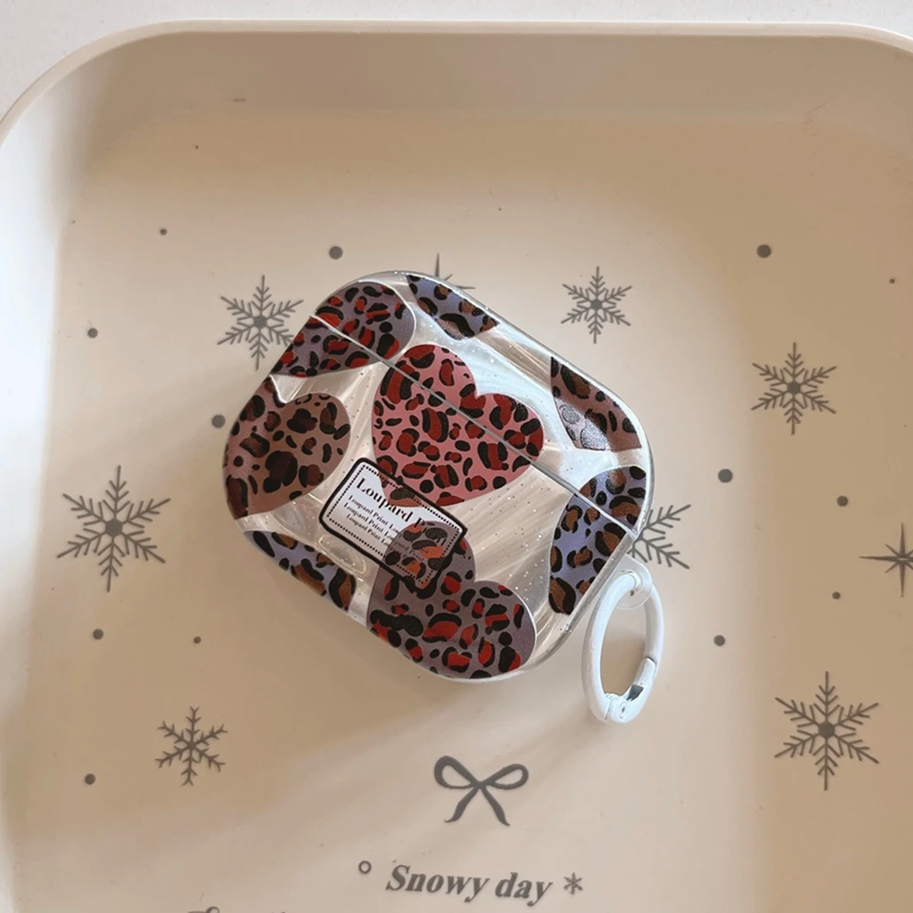 Ins Spicy Girl Style Love Heart Leopard Print Pearlescent Glitter Earphone Protect Cover Case for AirPods 2 3 4 5 Pro Pro2 Pro3