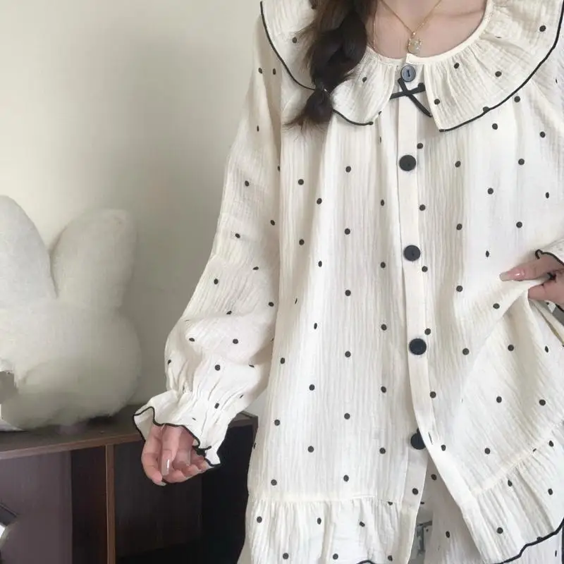 Women Lace Doll Collar Pajama Set Pearl Button Long Sleeve Wide Leg Pants Sweet Casual Loungewear All Season Sleepwear