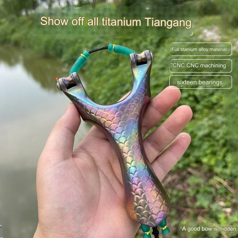 All Titanium Alloy TC21 Colorful Pulley Slingshot with Fiber Sight High-precision 16 Bearing Roller Shooting Fish Catapult