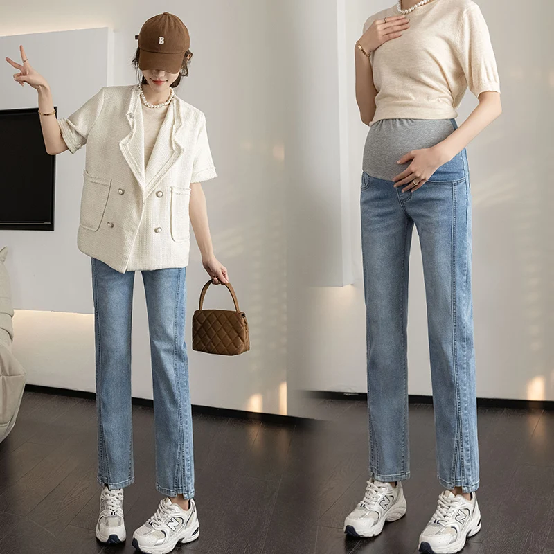 2308# Summer Autumn 9/10 Stretch Denim Maternity Straight Jeans Casual Loose Belly Pants Clothes for Pregnant Women Pregnancy