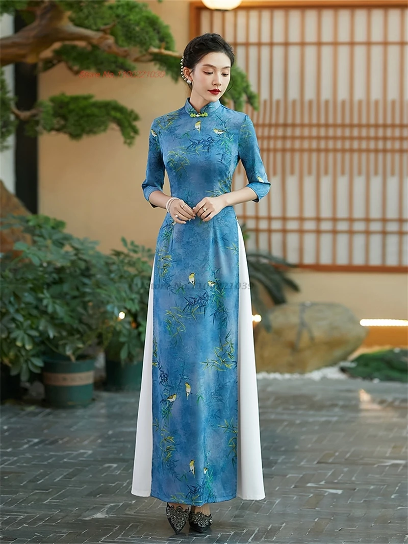 2025 vietnam traditional dress improved qipao national flower print vietnam ao dai dress oriental banquet evening qipao dress