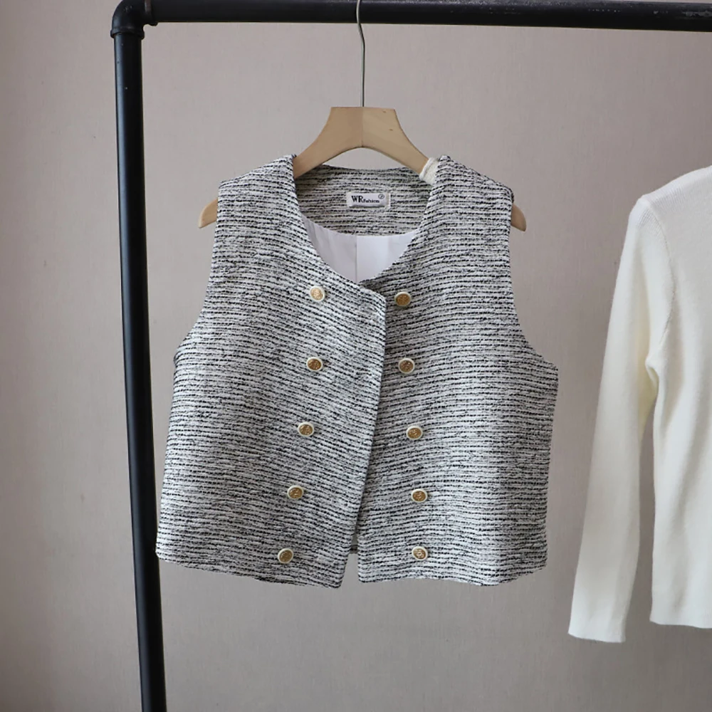 

Элегантный темпераментный жилет в корейском стиле, женские осенние новые двубортные жилеты с круглым вырезом, нежная верхняя одежда без рукавов