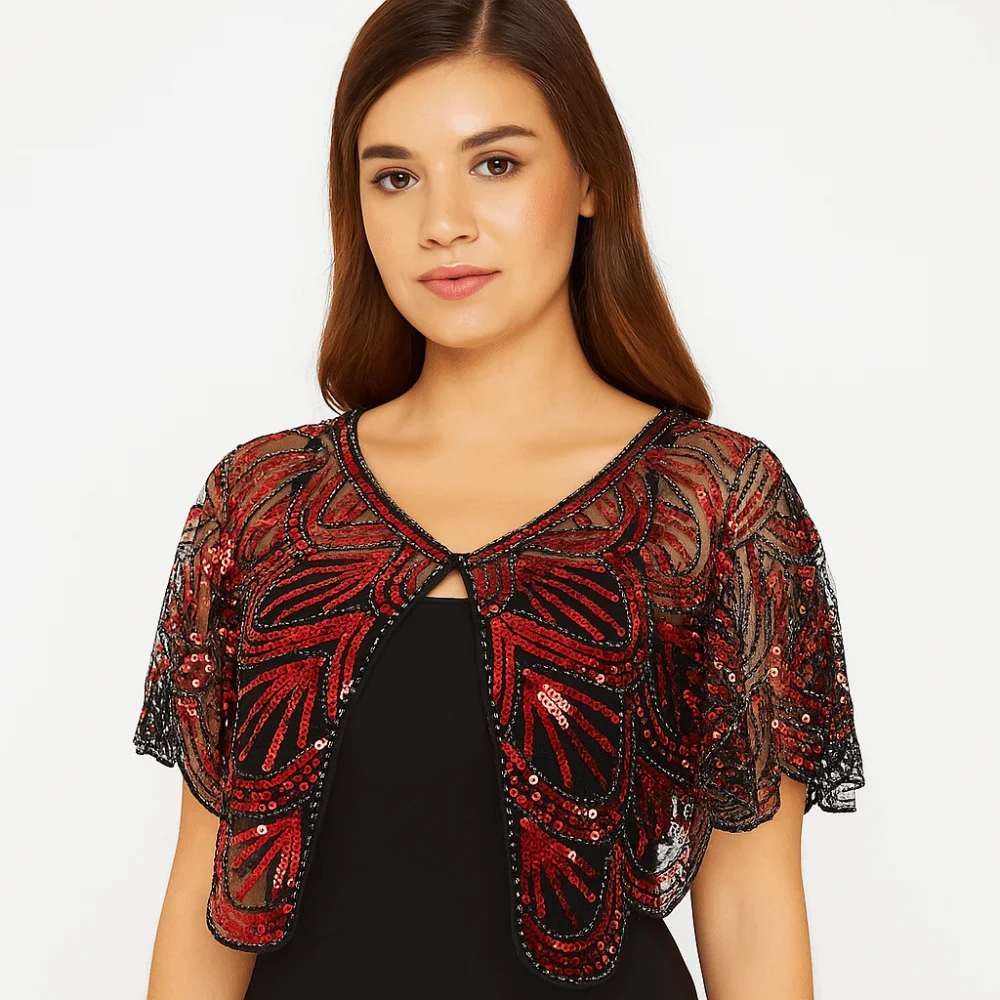 Sparkling Ruffle Sequins Poncho Coat Mesh 1920s Theme Short Cape Multicolor Short Cape Sequins Shawls Outerwear