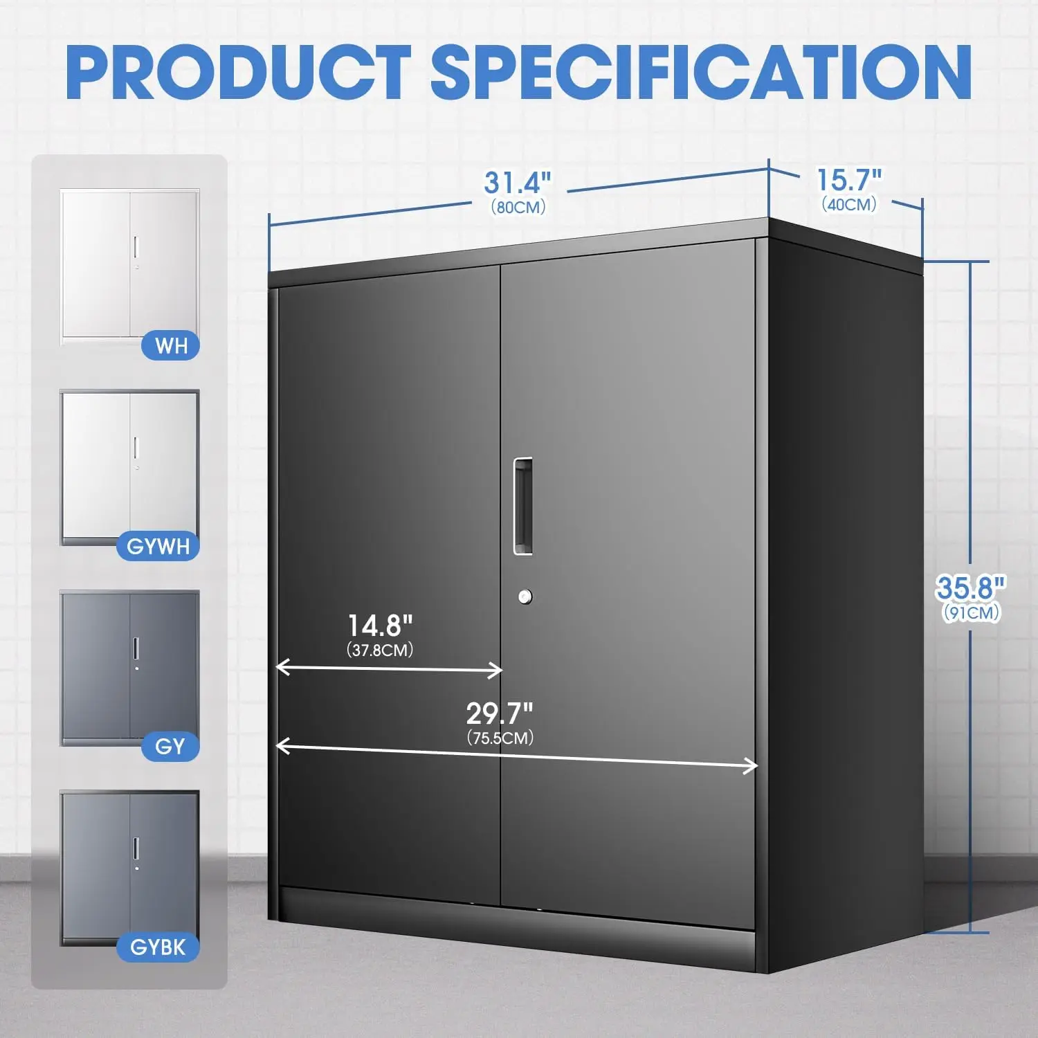 #￥forHeavy Duty 36'' Metal Storage Cabinet 2 Doors 2 Adjustable Shelves Garage Black Storage Cabinet