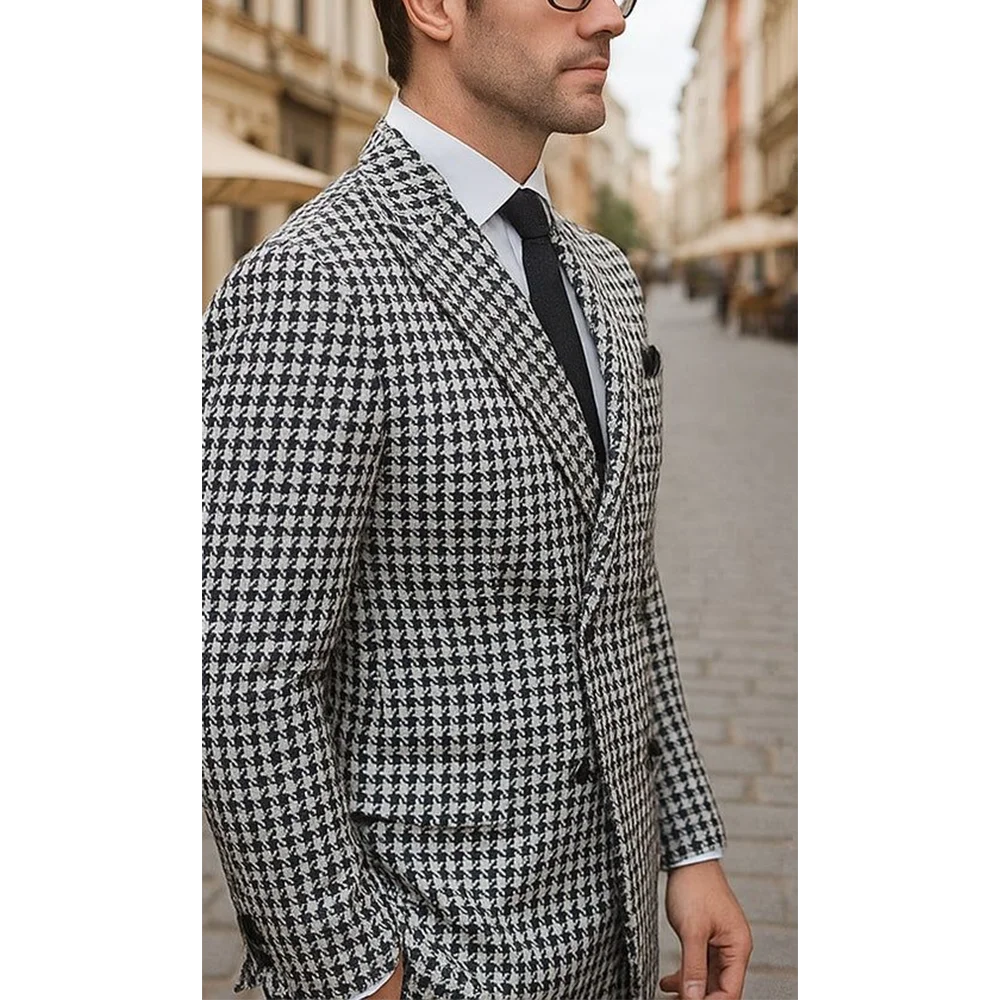 

Elegant Houndstooth Men's Suit Two Piece Slim Fit Notch Lapel Fashion Handsome Blazer Pants Double Breasted Business Formal Set