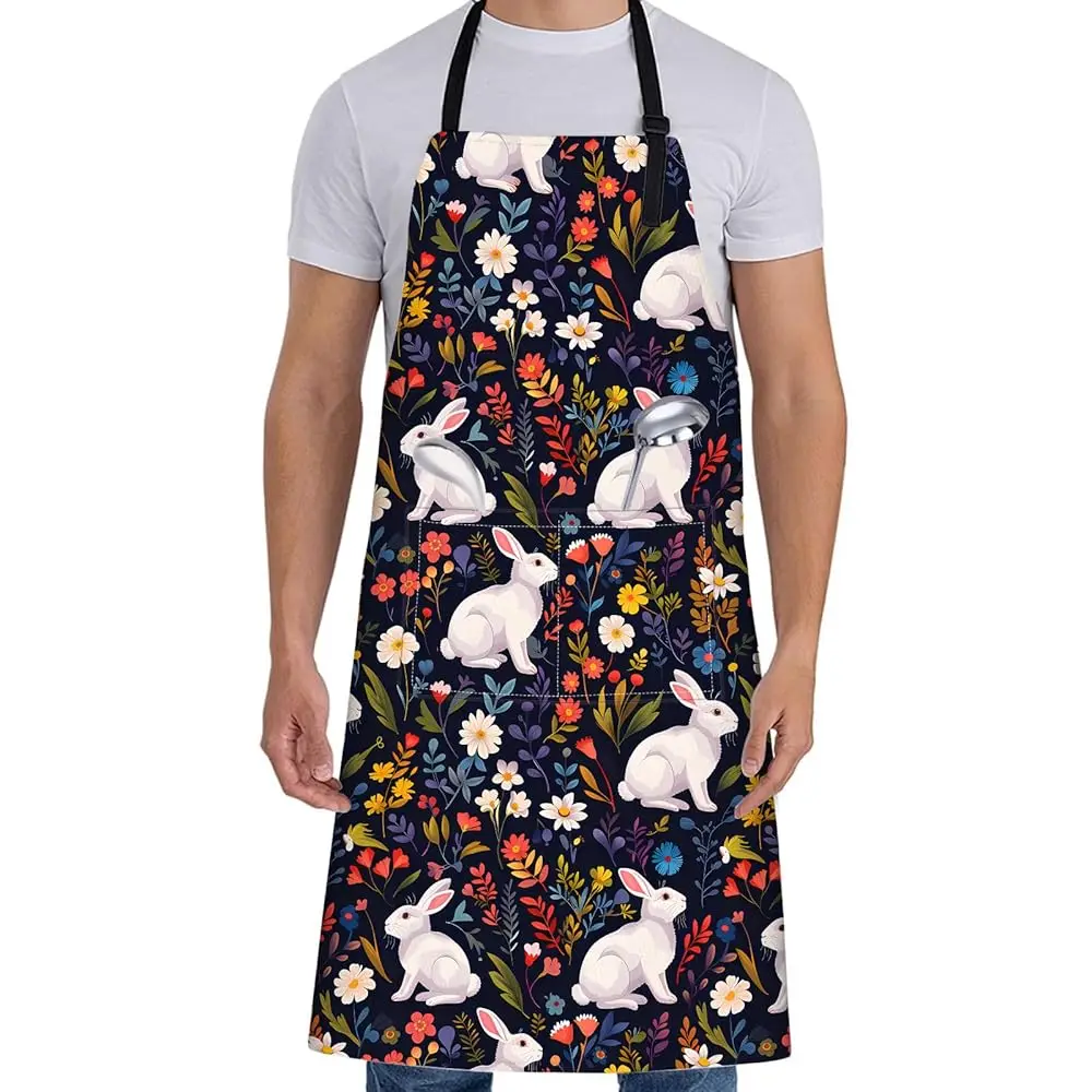 

Cute Bunny Apron for Women with Floral,28x33in,White Rabbit Kitchen Aprons with 2 Pockets,Oxford Fabric,Animal Adjustable Dar