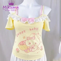 Mikumn Y2k Sweet Crop Top Women Japanese Kawaii Cartoon Bunny Print T-shirt Lolita Style Off Shoulder Bow Short Sleeve Tees