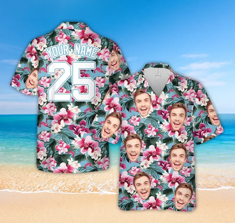 Custom Face Name Hawaii Shirs For Men Full Print Diy Party Beach Shirts Blouse Short Sleeve Button Mens Vacation Shirts Tops