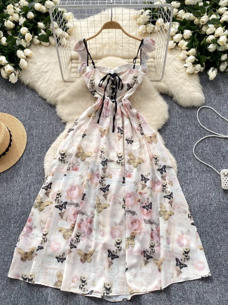 French Retro Printed Dress Women Summer Sexy Slit Square Neck Elegant Beach Dresses Ladies Slim A-line Floral Long Robe Vestidos