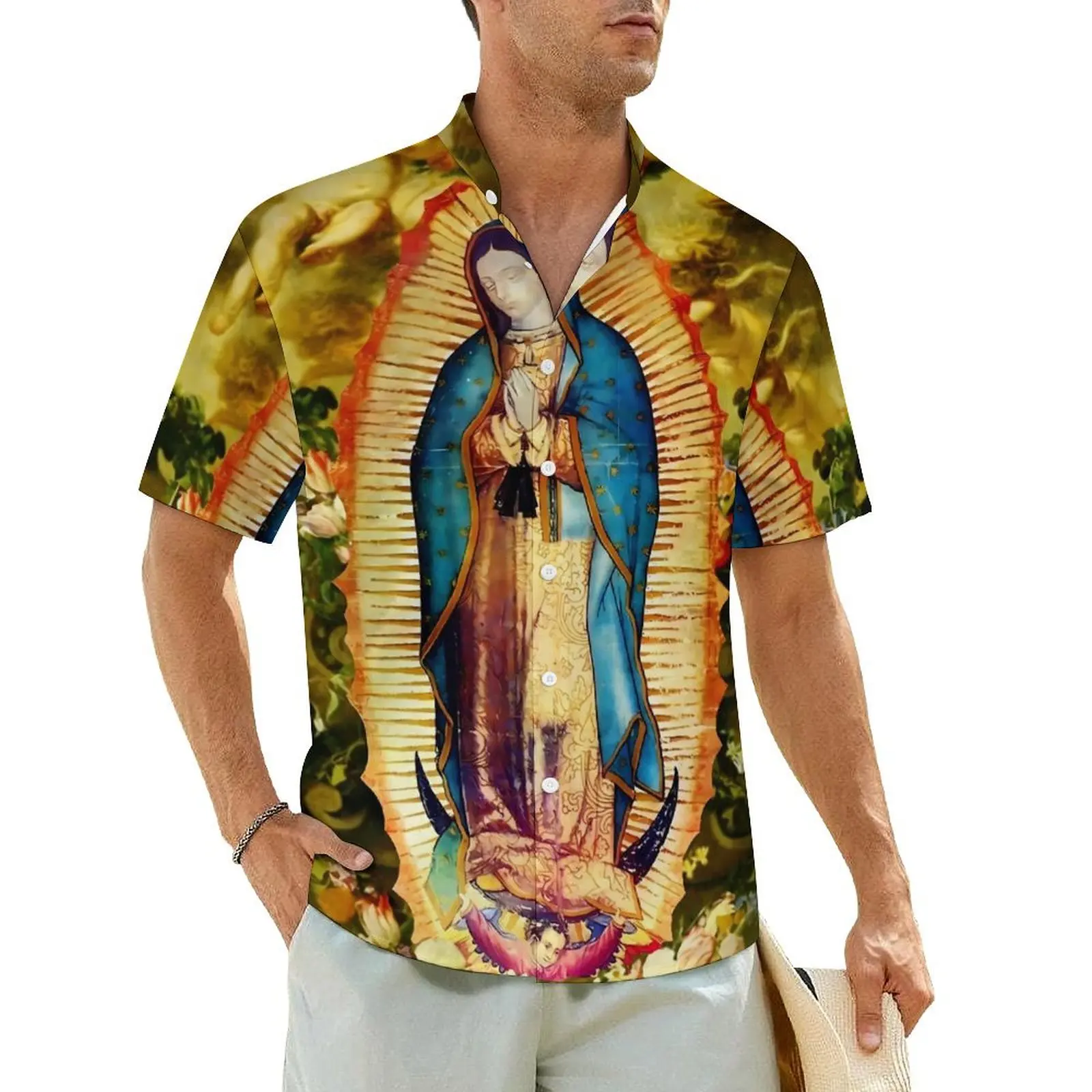 

Virgin Mary Mexico Hawaii Shirt Men Vacation Our Lady of Guadalupe Casual Shirts Short Sleeve Fashion Novelty Oversize Blouses