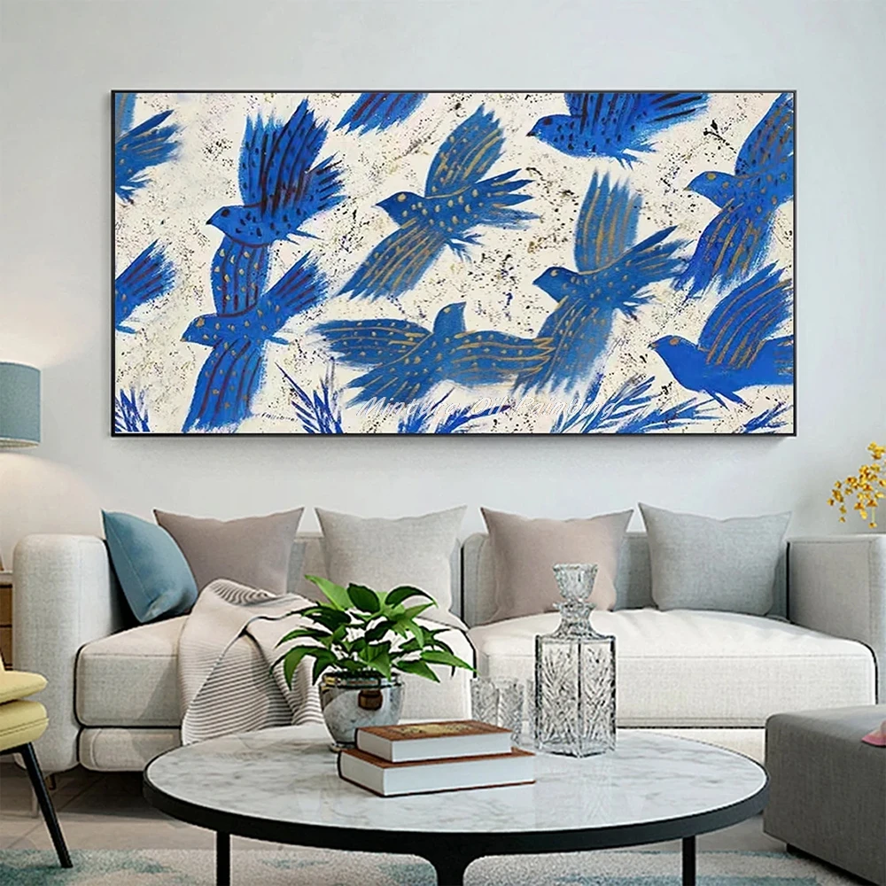 Mintura,Handpainted Blue Dove of Peace Oil Painting on Canvas Modern Living Room Home Decor Large Animal Poster Wall Art Picture