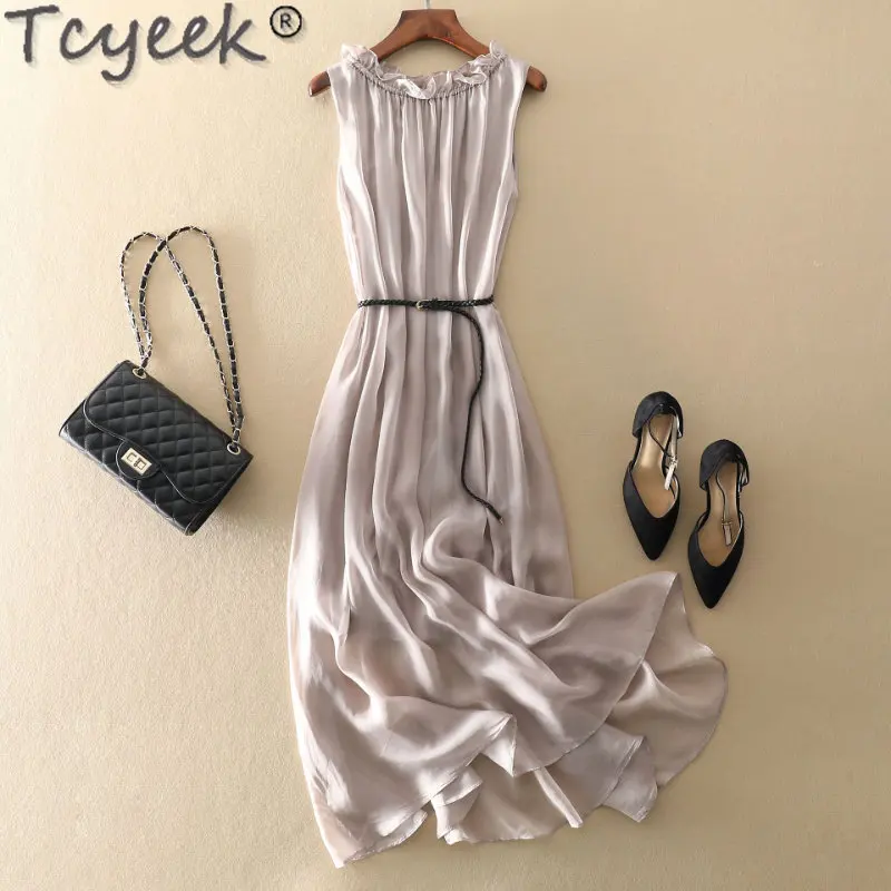 

Tcyeek100%mulberry Silk Dress Women Korean Summer Dresses Sleeveless Beach Dress Womans Clothing Ladies Dresses Vestido Feminino