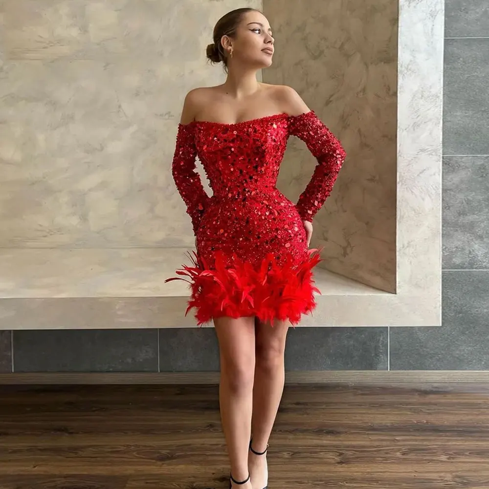 

Glitter Red Sequin Short Cocktail Dresses With Feathers Off Shoulder Prom Gowns for Africa Women Sexy Party Robe Dinner Gowns