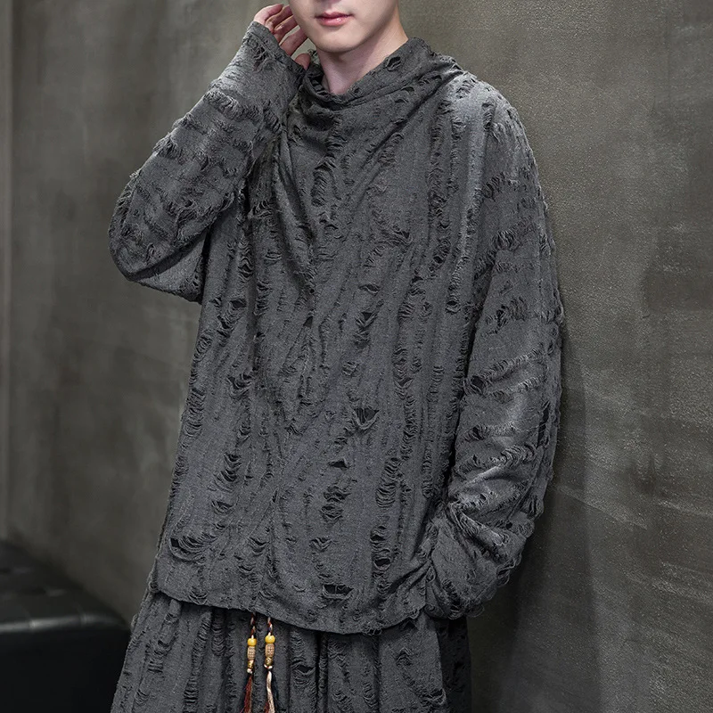 Men's Vintage Punk T-Shirt Ripped Hole Hollow Out Long Sleeve Tee Grunge Rock Graphic Distressed Top for Hip Hop Streetwear