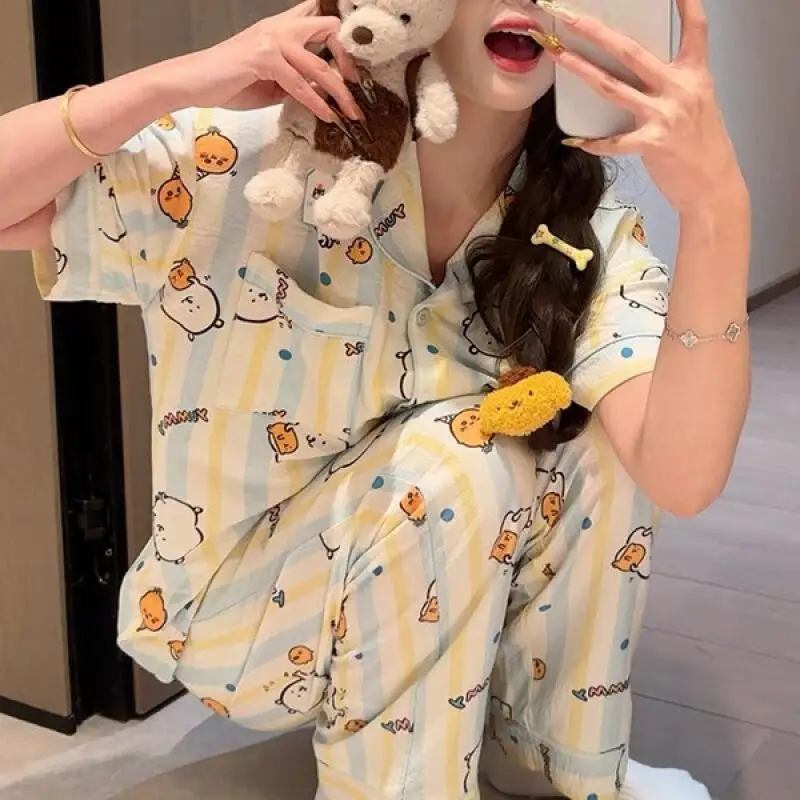 

Cloud Cotton Women's Summer Ort Sve Spwear Cardigan Home Clothes Set Cute Cartoon Print Lightweight Breathable