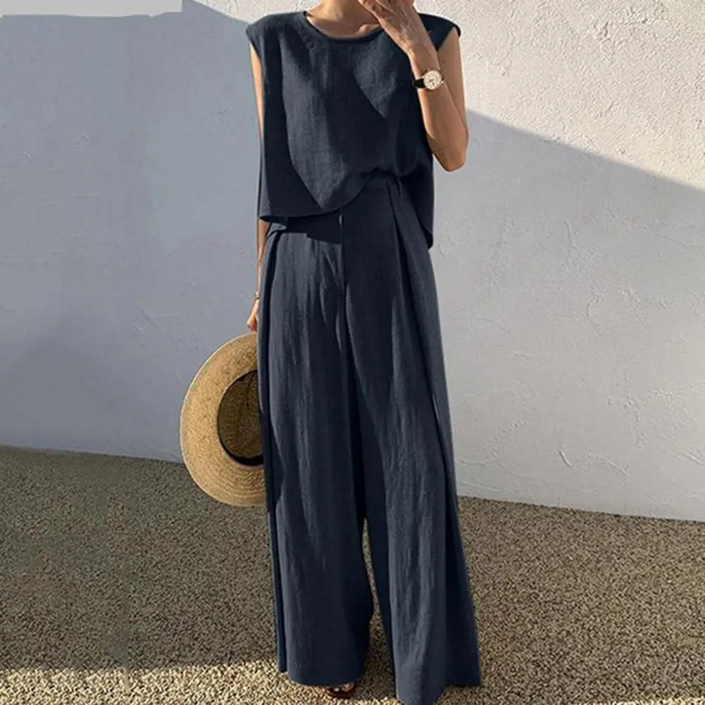 Cotton Linen Summer Outfits For Women 2023 Loose Shoulder Pad Crop Top Wide Leg Pants Two Piece Set Casual Female Matching Suit