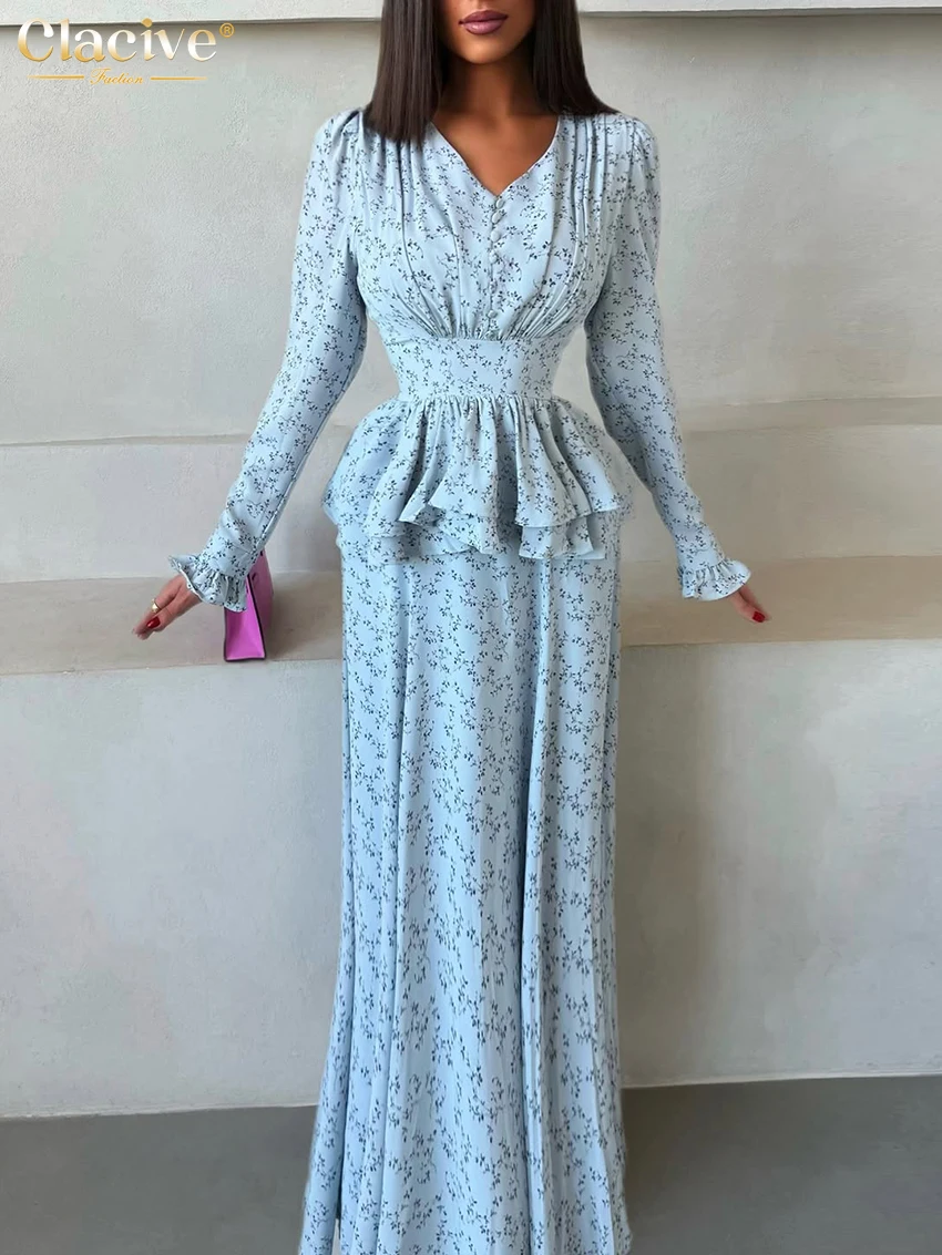 

Clacive Fashion Loose Print Women's Dress 2026 Spring V-Neck Long Sleeve Maxi Dresses Elegant Classic High Waist Female Dress