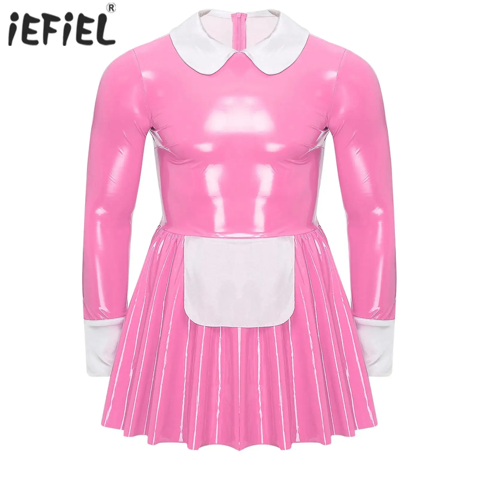 Mens Sissy Maid Costume Patent Leather Dress Long Sleeve Satin Apron Underskirt A-Line Dress Halloween Crossdresser Clubwear