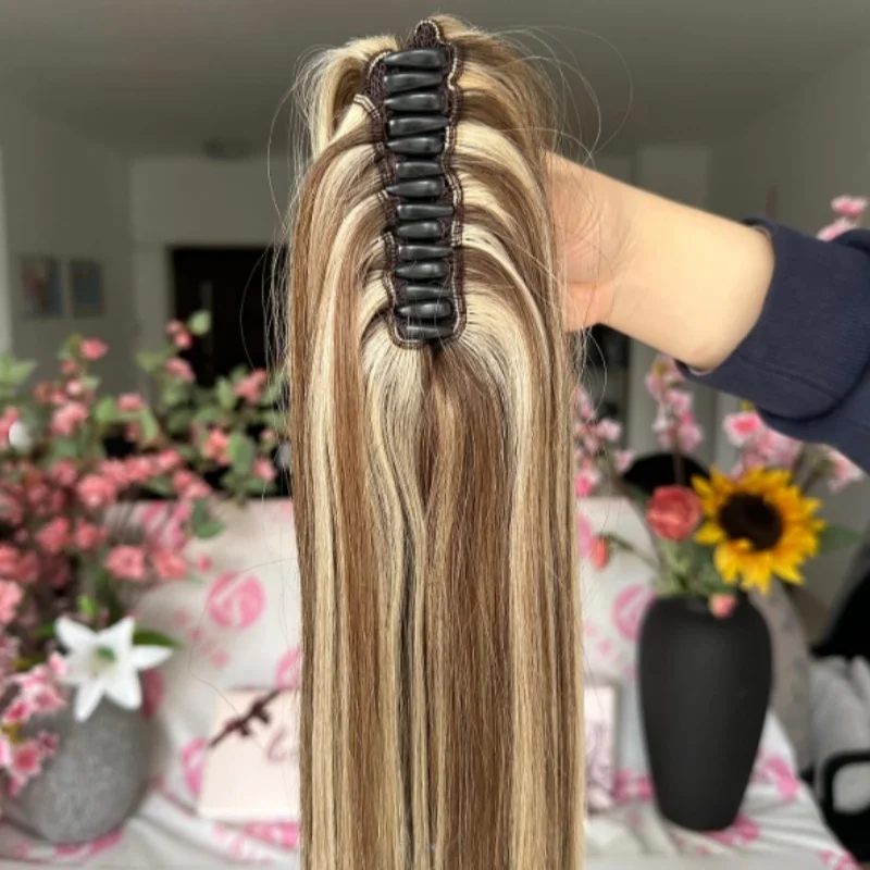 22 بوصة الاصطناعية ذيل حصان الشعر التمديد طويل مستقيم مخلب كليب ذيل حصان مقاومة للحرارة موجة طبيعية للنساء شقراء هيربيسي