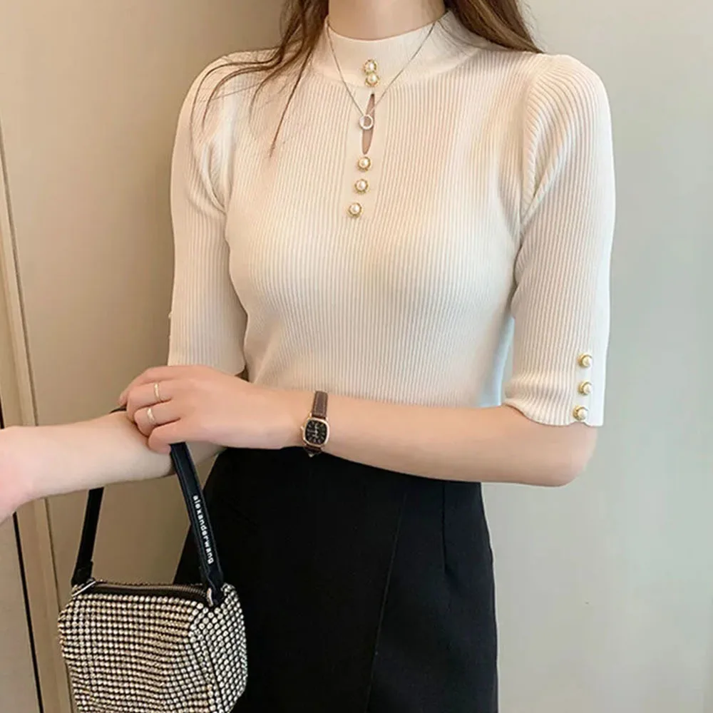 Korean Summer Ladies Elegant Knit Tees Women\'s 2023 New Bottoming Shirt Slim Temperament Ice Silk Short Sleeved T-shirt Tops