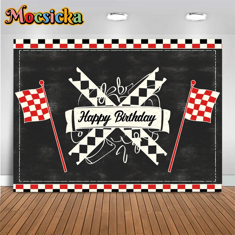 Mocsicka سباق السيارات عيد ميلاد سعيد خلفية استحمام الطفل خلفية التصوير أسود أبيض شبكة العلم ديكور استوديو راية التصوير الفوتوغرافي